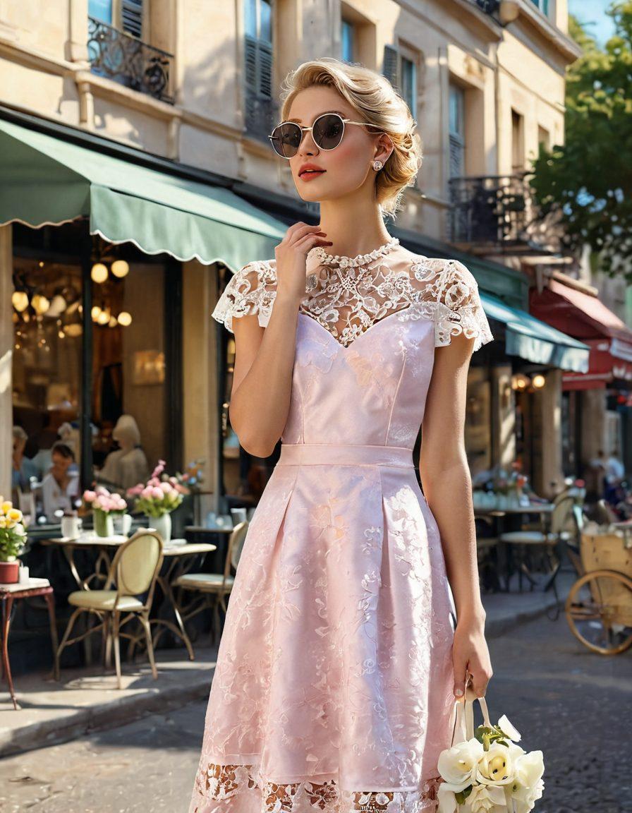 A beautifully styled vintage women's fashion showcase featuring elegant dresses, chic accessories, and classic hairstyles. The background is a softly lit Parisian street, adorned with blooming flowers and vintage shops, creating a romantic atmosphere. Incorporate elements like lace, pearls, and retro sunglasses to highlight timeless elegance. Soft pastel colors dominate the scene, evoking a sense of nostalgia and grace. vibrant colors. painting.