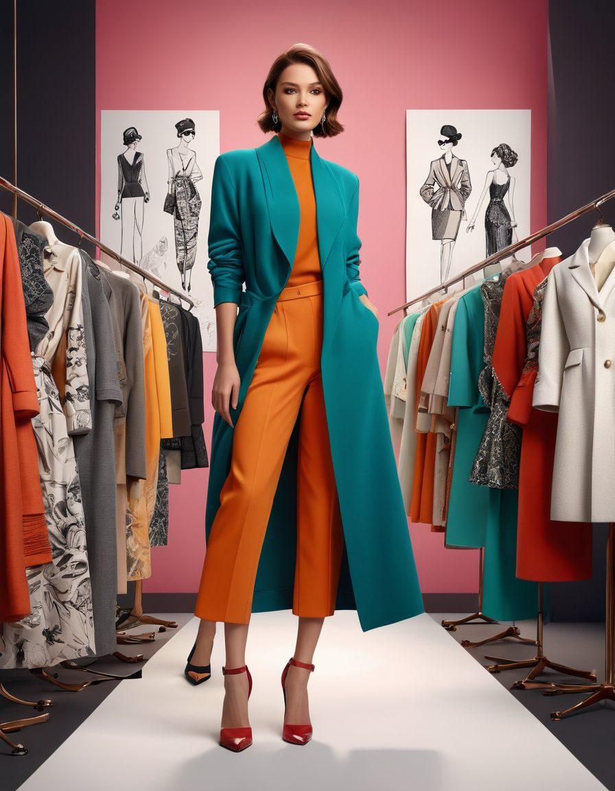 A stylish woman standing confidently on a runway, showcasing a blend of timeless and trendy clothing, surrounded by fashion sketches and fabric swatches. Incorporate elegant accessories and vibrant colors, with a backdrop of a chic boutique setting. The atmosphere should exude sophistication and creativity. super-realistic. vibrant colors. 3D.